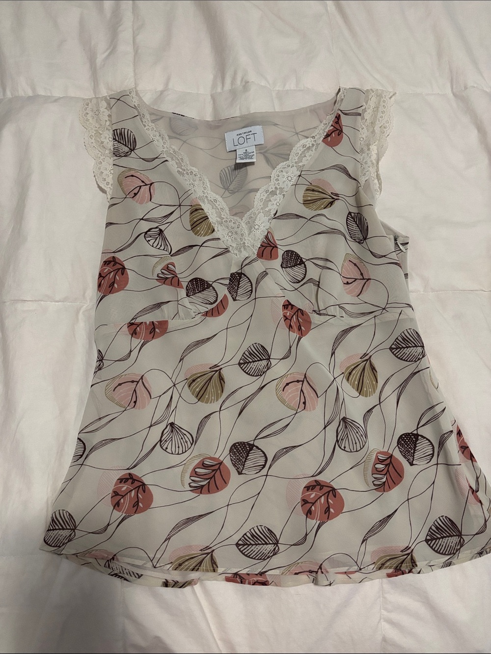 LOFT Cream Floral Lace-Trim Sleeveless Chemise with Pink & Olive Accents